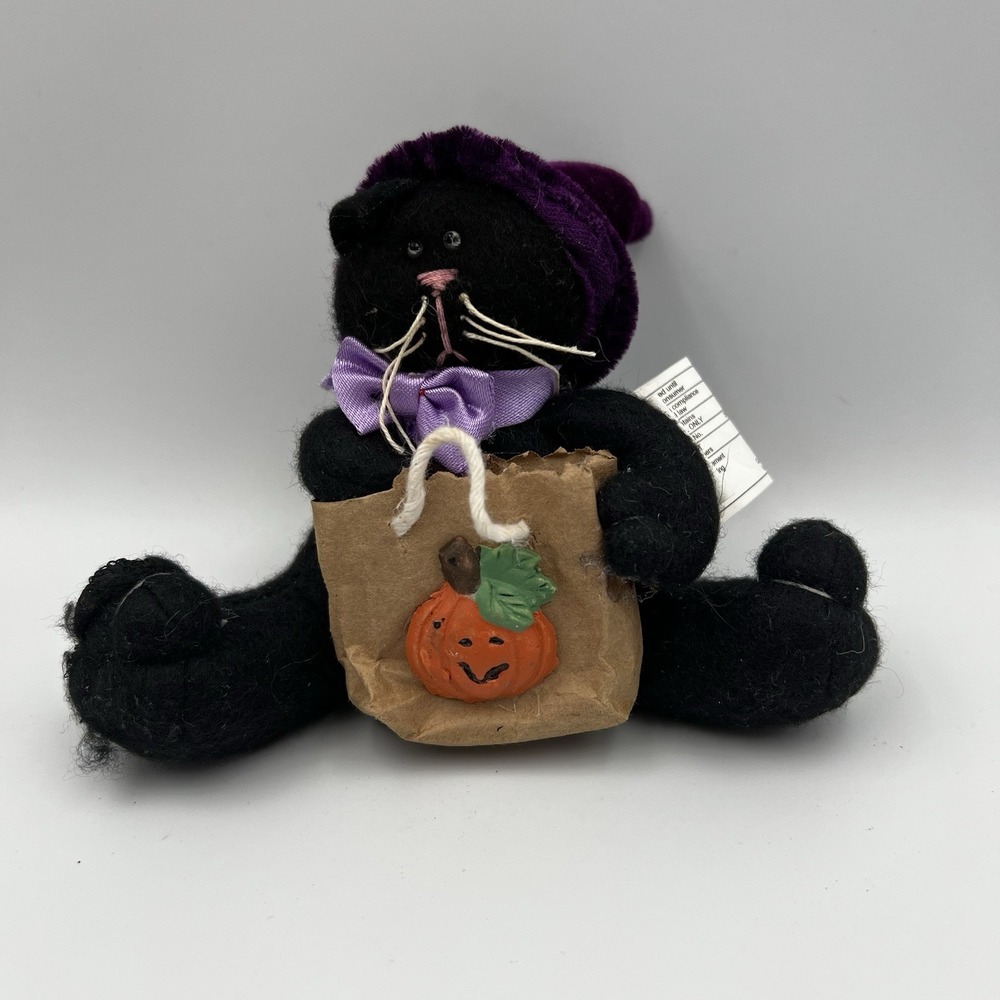 Vintage Hallmark Halloween Plush Black Cat Witch Fridge Magnet Pumpkin‎